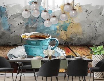 Kahve Fincanı Sulu Boya Tasarımı Cafe Duvar Kağıdı