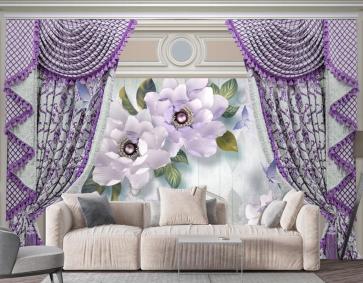 Kalıplı Klasik Iç Duvar Mor Perde Ve Çiçek 3D Duvar Kağıdı