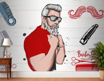 Kırmızı Tişörtlü Erkek Berber Kuaför Duvar Kağıdı