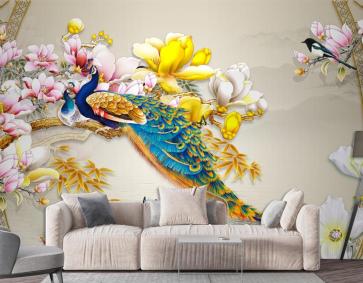 Kuş Deniz Çiçekli Arka Planlı 3D Duvar Kağıdı