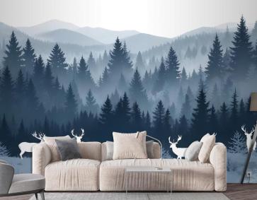 Puslu Orman Manzarası Ve Boynuzlu Geyik Duvar Kağıdı