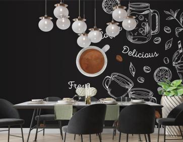 Siyah Arka Plan Kahve Çizimleri Cafe Duvar Kağıdı
