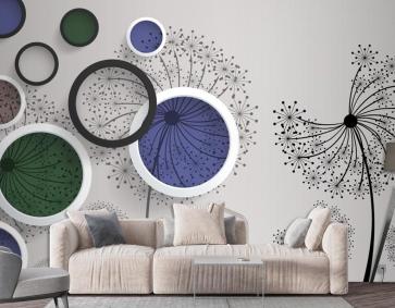 Siyah Gül Daireler Renkli 3D Duvar Kağıdı