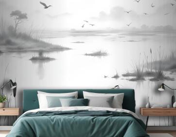 Geleneksel Çin Siyah & Beyaz Mürekkep Gölü Yatak Odası Duvar Kağıdı