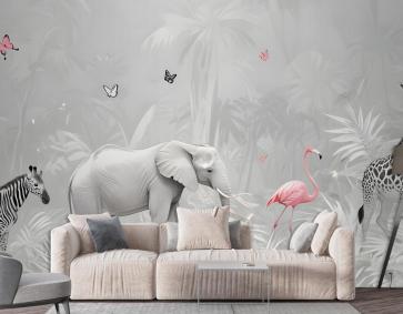 Çocuklar Için Yapraklı Tropikal Hayvanlar Duvar Kağıdı