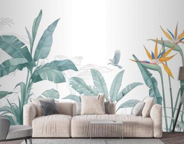 Kuşlu Tropikal Muz Yaprağı Duvar Kağıdı