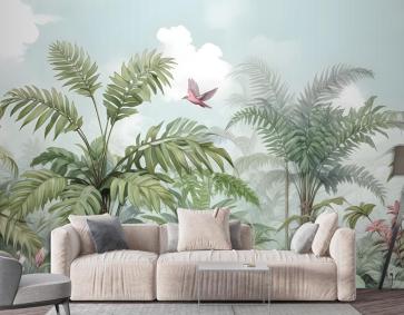 Kuşlar Ve Çiçeklerle Tropikal Yapraklar Duvar Kağıdı