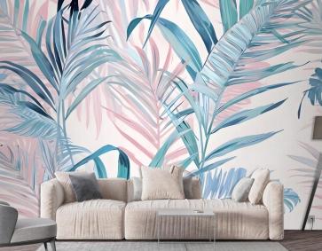 Tropikal Pembe Egzotik Renkli Palmiye Yaprağı Duvar Kağıdı