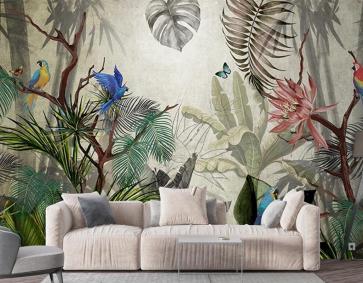 Tropikal Yeşil Yapraklar Ve Çiçekler Duvar Kağıtları