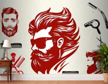 Uzun Saç Gözlüklü Erkek Kırmızı Temalı Kuaför Duvar Kağıdı