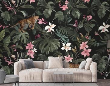 Leopar Duvar Kağıdı  Ile Suluboya Koyu Tropikal Sanat