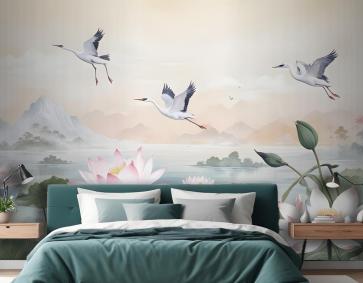 Beyaz Lotus Çiçek Ve Turna Kuşları Yatak Odası Duvar Kağıdı