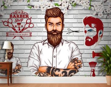 Yeşil Çim Taş Desen Arka Plan Erkek Kuaför Duvar Kağıdı