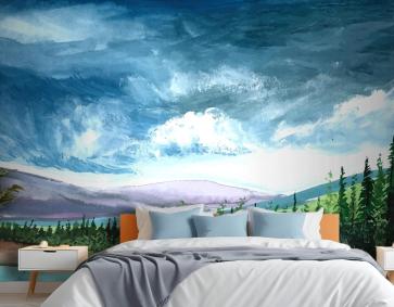 El Çizimi Bahar Manzara Sahnesi Suluboya Yatak Odası Duvar Kağıdı