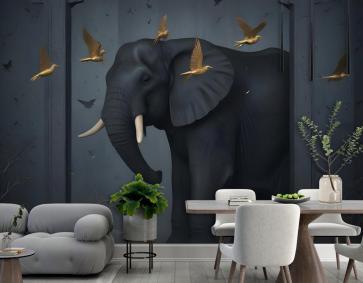 3D Kabartmalı Görünümlü Koyu Fil Ve Kuşlar Duvar Kağıdı