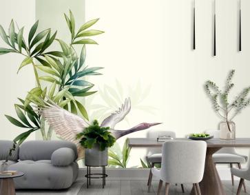 Asya Çiçek Suluboya Kuşlar Duvar Kağıdı