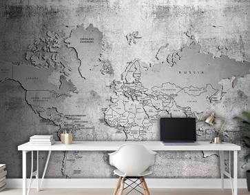 Beton Zemin Kabartma Dünya Haritası Duvar Kağıdı