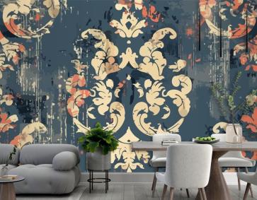 Çiçek Desenli Ve Altın Kırmızı Vintage Duvar Kağıdı