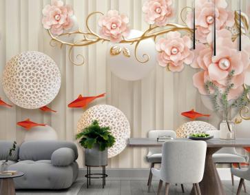 Çiçekli Balık Arka Planlı 3D Duvar Kağıdı