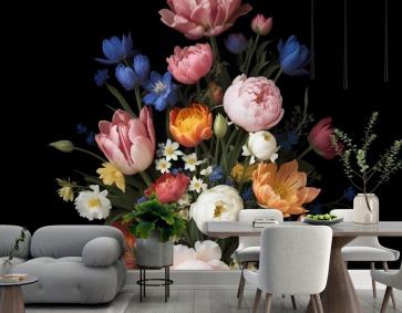 Zarif Hollanda Koyu Çiçek Buketi Duvar Kağıdı