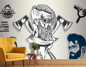 Krem Arka Plan Viking Temalı Kuaför Duvar Kağıdı