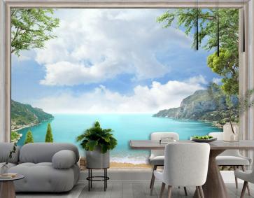 Mermer Sütunlu Deniz Manzaralı 3D Duvar Kağıdı