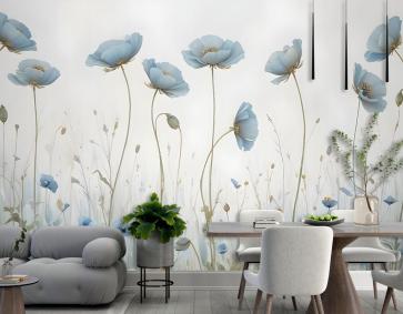 Yağlıboya Mavi Haşhaş Çiçekleri Duvar Kağıdı