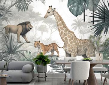 Tropikal Yapraklı Retro Vahşi Hayvanlar Duvar Kağıdı