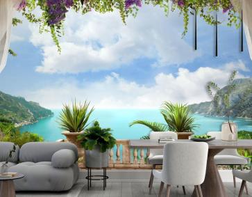 Romantik Perde Detaylı Deniz Manzaralı Duvar Kağıdı