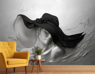 Siyah Şapkalı Kadın Gri Soyut Taş Arka Plan Duvar Kağıdı