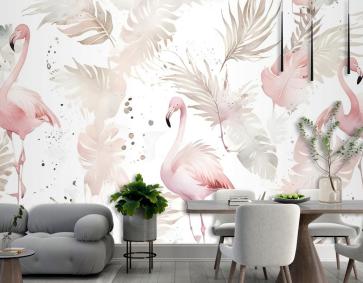 Boho Tropikal Yaprak Duvar Kağıdı  Ile Yumuşak Flamingo Sanatı