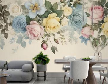 Vintage Renkli Çiçekli Duvar Kağıdı 