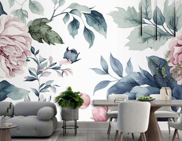 Suluboya Mavi Ve Pembe Çiçek Desenli Duvar Kağıdı