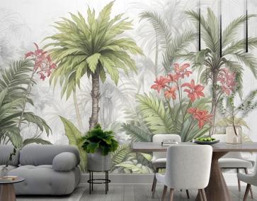 Suluboya Tropikal Yaprak Ve Çiçekler Duvar Kağıdı