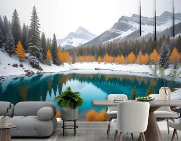 Çam Ormanı Ile Kış Gölü Manzarası Duvar Kağıdı