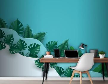 Çok Dalga Katmanlı Ofis Duvar Kağıdı Duvarında Yeşil Yapraklar Veya Yeşillik
