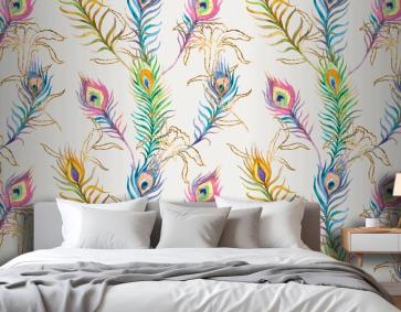 Tavus Kuşu Tüyü Renkli Suluboya Desen Yatak Odası Duvar Kağıdı Duvar Arka Planı