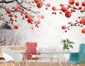 Çin Yeni Yılı Öğesinin Soyut Suluboya Dekoratif Duvar Kağıdı 