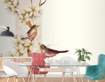 Asya Çiçek Suluboya Kuşlar Duvar Kağıdı