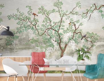 Göl Kenarındaki Ağaç Puslu Manzara Japon Bahçesi'ndeki Kuşlar Duvar Kağıdı