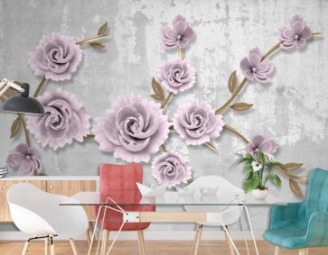 Açık Pembe Çiçekli Altın Dal 3D Duvar Kağıdı