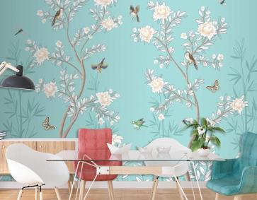 Şakayık Ve Kuşlarla Chinoiserie  Turkuaz Duvar Kağıdı