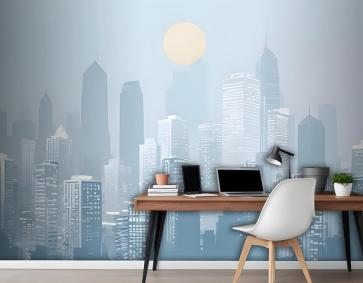 Mavi Monokrom Şehir Manzarası Ve Yumuşak Güneş Duvar Kağıdı