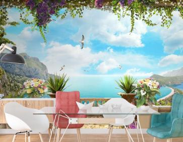 Çiçekli Balkon Manzaralı Duvar Kağıdı