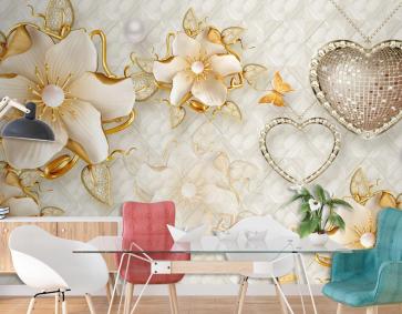 Çiçekli Kalp Altın Arka Planlı 3D Duvar Kağıdı
