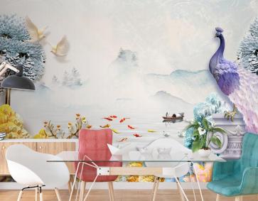 Çiçekli Ve Tavus Kuşu Arka Planlı 3D Duvar Kağıdı Tasarımı