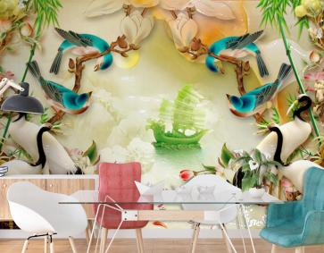 Gemi Kuş Ve Çiçekli Arka Plan 3D Duvar Kağıdı