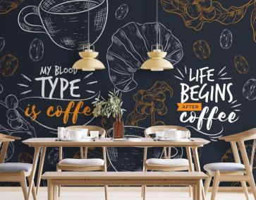 Kahve Fincanları Ve Yaprak Çizimleri Cafe Duvar Kağıdı