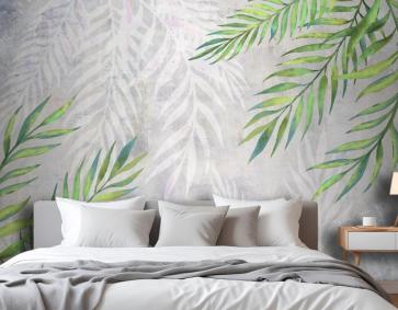 Hafif Dokulu Yatak Odası Duvar Kağıdı Duvarında Köşelerde Yapraklar