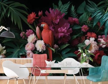 Renkli Çiçekli Kırmızı Papağan Duvar Kağıdı 